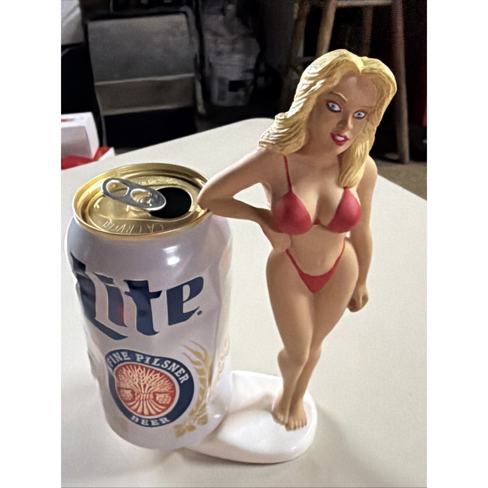 7" Bottoms Up R. Demars Ganz Sexy Blonde Vintage Beer Can Holder Red Bikini Girl